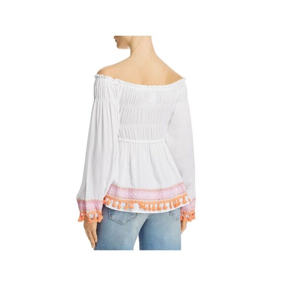 DESIGN HISTORY Womens Stretch Smocked Tasseled Long Sleeve Off Shoulder Blouse - Picture 2 of 2